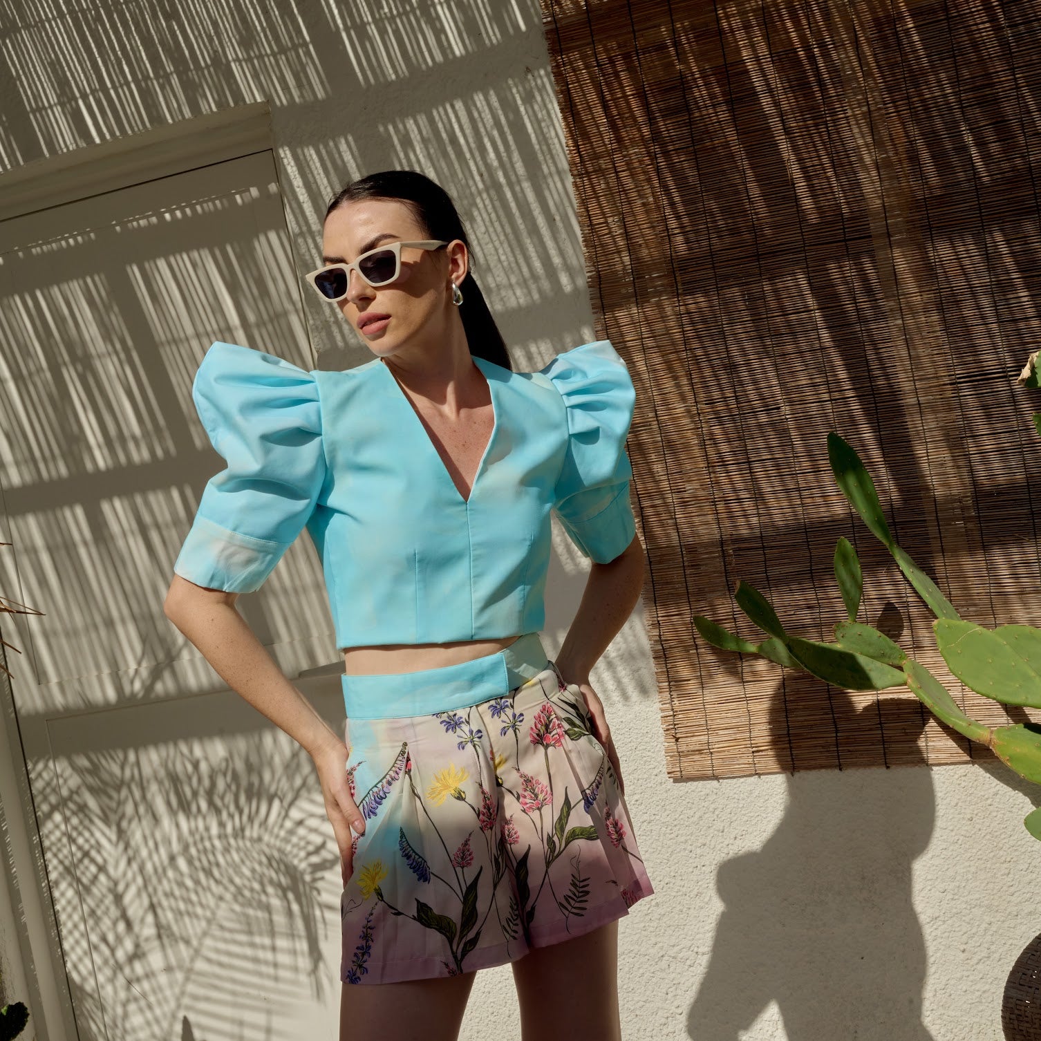 Sky Blue Printed Shorts Set